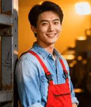 车间年轻人倚靠机器微笑2774#横