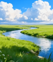 草原河流蓝天白云风景2925#横屏 
