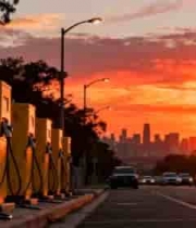  夕阳下的电动汽车充电站2371#横屏 	 