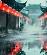  水墨江南雨巷红灯笼2195#横屏 