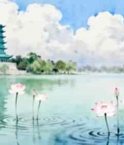  水墨风荷花古塔湖景2181#横屏 	 -