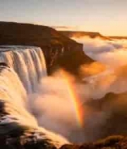  日落瀑布与彩虹壮丽景观1852#横屏 	 -