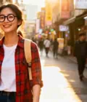  青春女孩逛老街笑容灿烂1724#横屏 	 