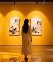  女子在画廊看水墨画1682#横屏 	 