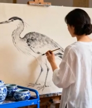  女子画水墨仙鹤过程1677#横屏 	 