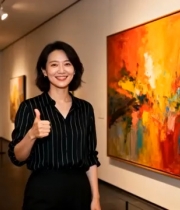  女性在美术馆欣赏抽象画1668#横屏 	 