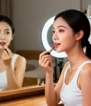  女生镜前涂口红化妆1661#横屏 	 