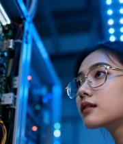  女工程师检查服务器主板1653#横屏 	 -