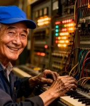  老工人操作机器设备1426#横屏 	 