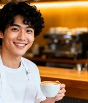  咖啡店男店员微笑递咖啡1290#横屏 	 