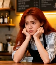  咖啡馆发呆的红发女孩1294#横屏 	 