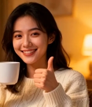  居家女子捧杯微笑1273#横屏 	 