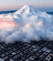 火山喷发城市云海航拍1010#横屏 