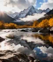  金秋山水倒影风光1131#横屏 	 