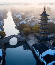 江南水乡晨雾航拍1088#横屏 