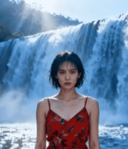 红衣女子瀑布前伫立932#横屏 
