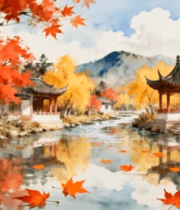 古风秋景亭台流水665#横屏 