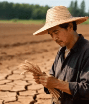 干旱土地上的农民查看麦穗546#横屏 