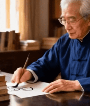 老人书房内书写毛笔字素材2653#横屏 