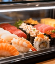 展示柜中的各式寿司生鱼片7555#横屏 