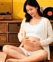 孕妇居家盘坐抚摸孕肚13721#横屏 