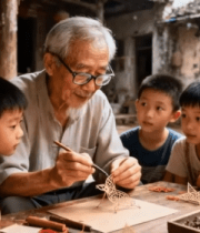 老人教孩子传统手工艺制作11777#横屏 
