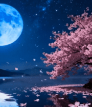 月夜下盛开的樱花树风景1271#横屏 