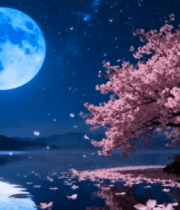 月夜下盛开的樱花树风景1271#横屏 