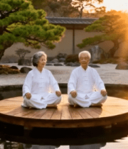 	 老年夫妇于庭院中静坐冥想1133#横屏 