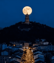 月夜下城市与古塔景观10102#横屏 