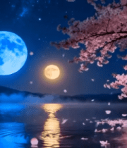 月夜湖畔樱花树风景14063#横屏 