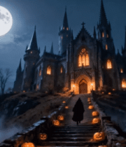 月夜下城堡前持南瓜灯的身影9597#横屏 