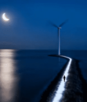 月夜海边风车与堤坝风景2452#横屏 