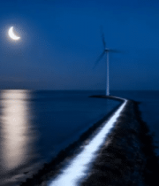 月夜海边风车与堤岸风景11699#横屏 