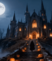 月夜下城堡前持南瓜灯的身影9597#横屏 