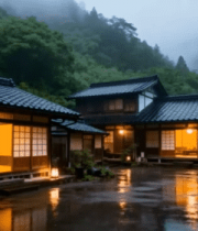 雨中日式古建筑庭院景致10160#横屏 