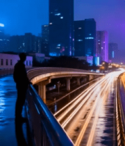 雨夜城市天桥人物与车流景象346#横屏 