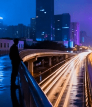 雨夜城市天桥人物与车流景象346#横屏 