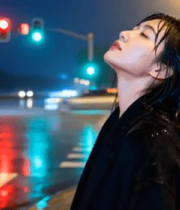 雨夜街头女子仰头而立2373#横屏 