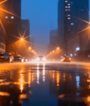 雨夜城市街道积水灯光景象2470#横屏 