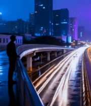 雨夜城市天桥人物俯瞰车流13440#横屏 