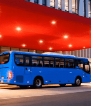 蓝色公交车停靠现代建筑前15043#横屏 