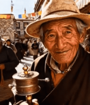 拉萨老人手持转经筒街头场景9452#横屏 