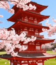 樱花盛开中的红色塔楼11078#横屏 