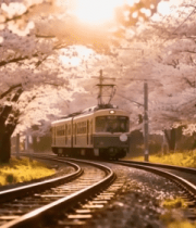 樱花树下行驶的列车8586#横屏 