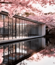 樱花环绕的现代建筑与水景10455#横屏 