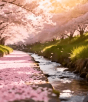 樱花盛开的溪边春日美景4650#横屏 