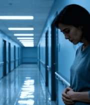 医院走廊中靠墙站立的女人8467#横屏 