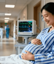 医院病床上孕妇微笑抚肚2084#横屏 