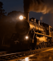 夜晚蒸汽火车行驶于铁轨234#横屏 